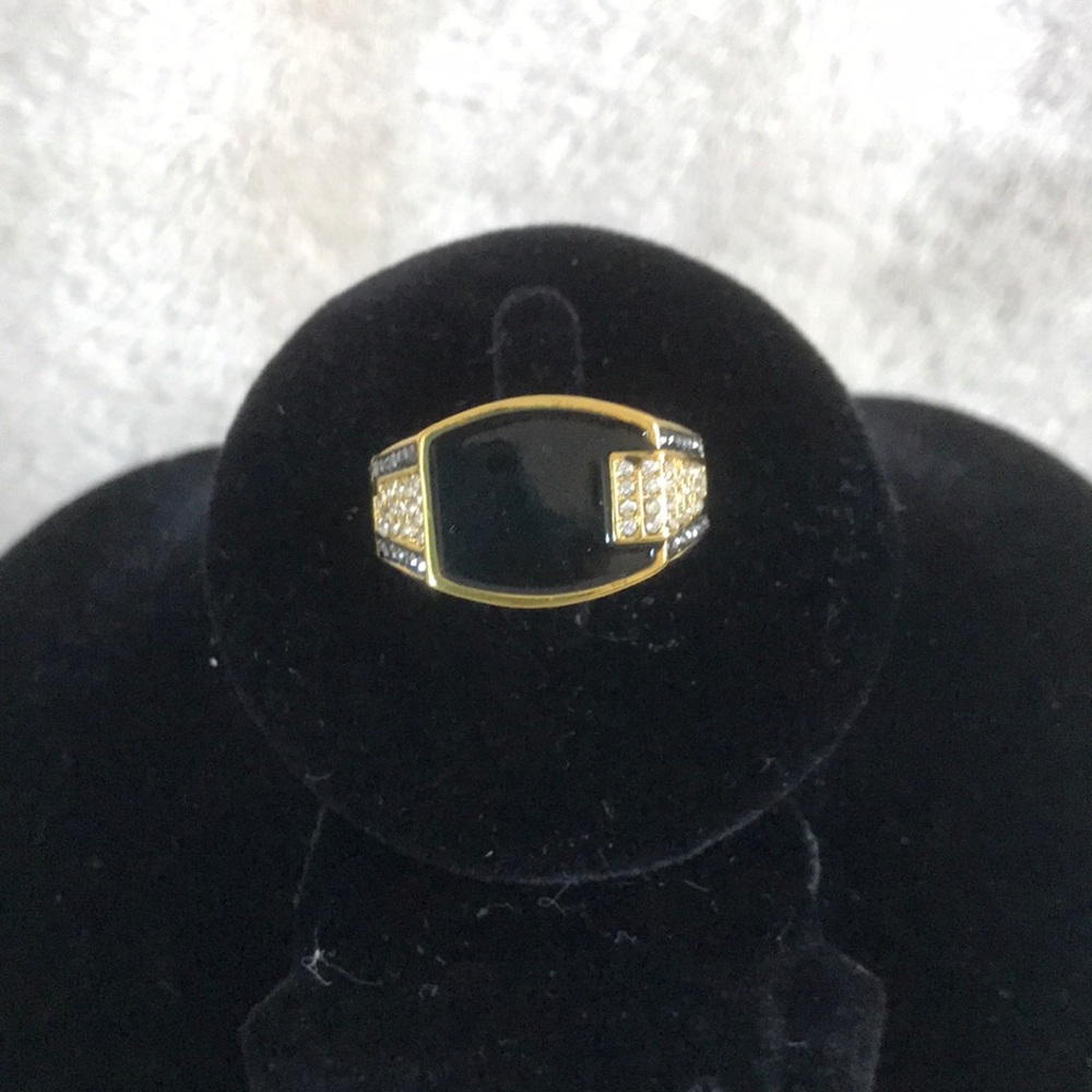 Macy's Gold-Tone Black Onyx Men’s Signet Ring with Crystal Accents